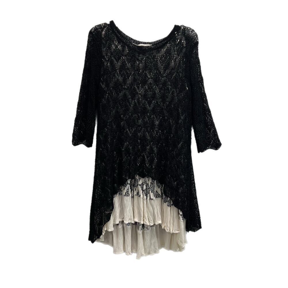 JOHN MARK Tunic Women SMALL Lace Crochet Overlay Floral Black Cream 3/4 Sleeves